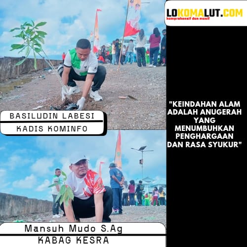 Foto: Kabag Kesra Mansuh Mudo dan Kadis Kominfo Kepulauan Sula Basiludin Labesi, melakukan penanaman pohon.