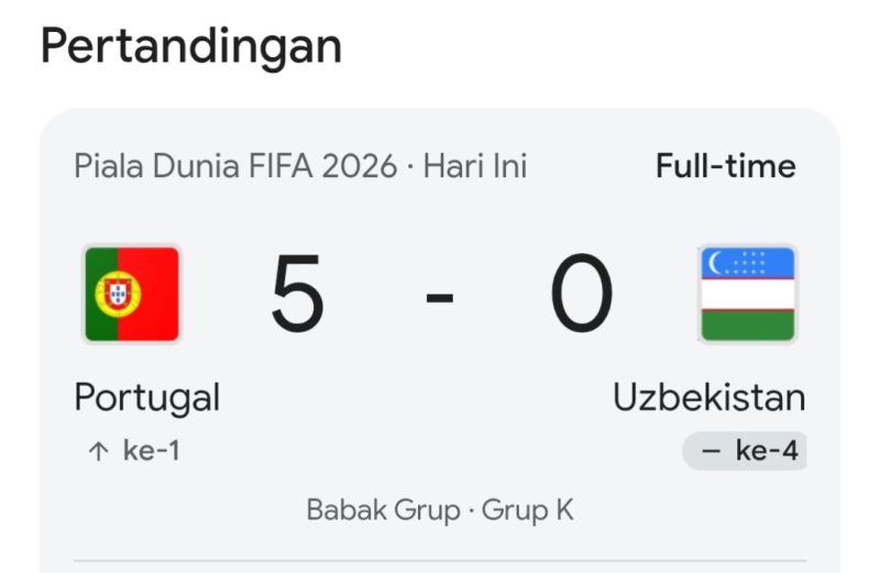 Dok: Papan Skor Antara Portugal Vs Uzbekistan di Piala Dunia Tahun 2026.